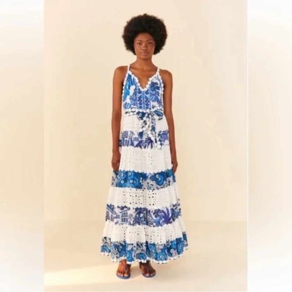 NWT FARM RIO Mixed White & Blue Eyelet Maxi Dress